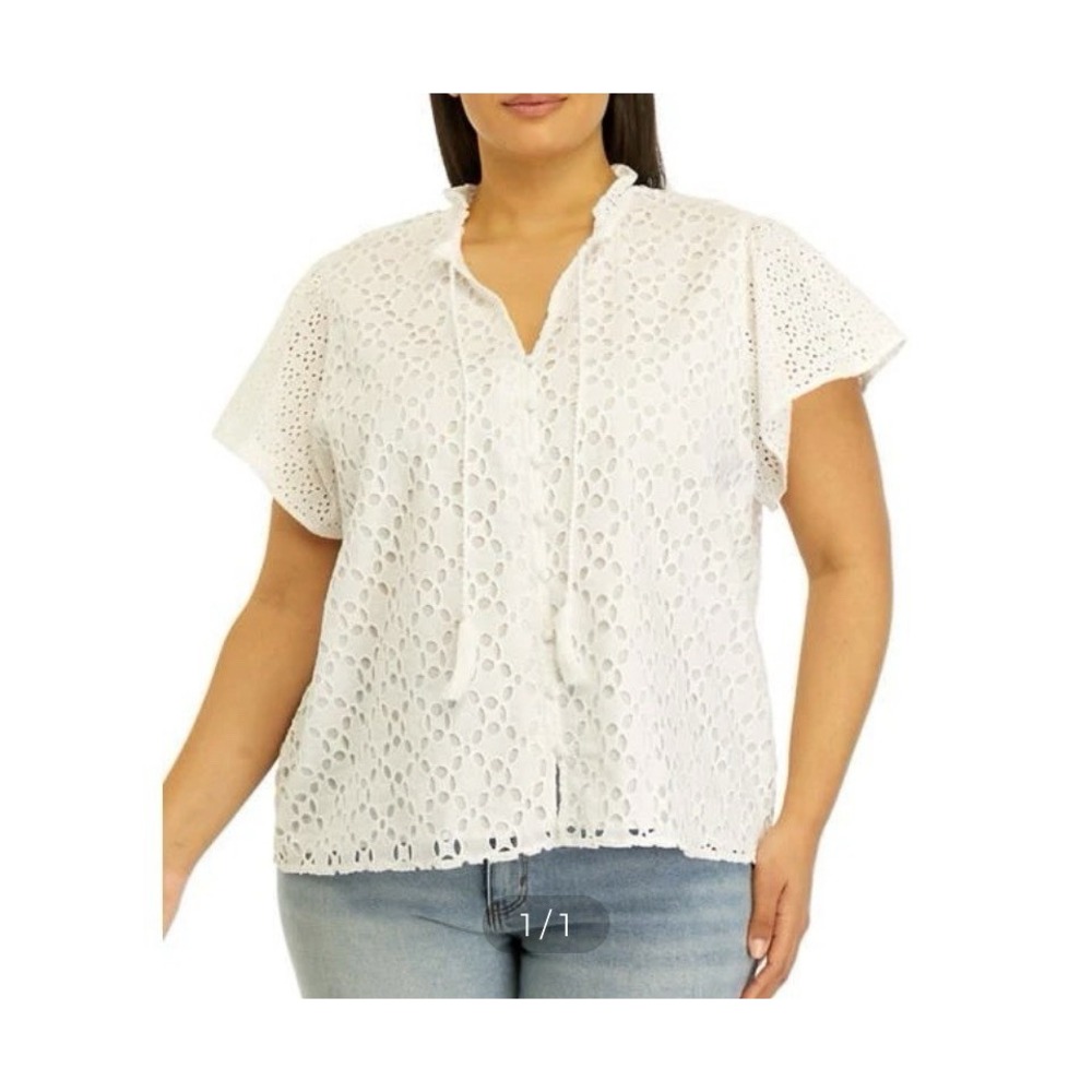 Philosophy White Eyelet Blouse Button‎ Front Lined Boho Feminine Dainty 2X Fairy